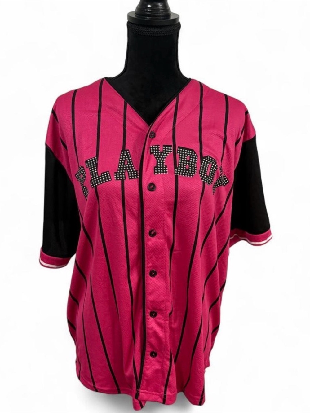 PLAYBOY Hot Pink and Black Striped Button-Front  Jersey size adult large